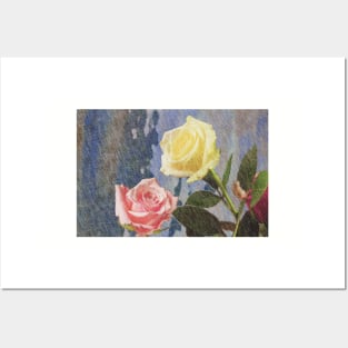 A painting of two Roses and their reflection in water with copy space. Posters and Art